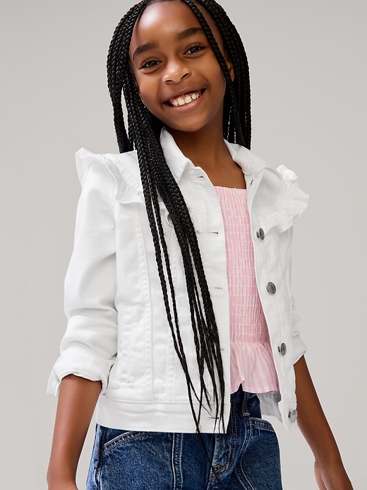 White ruffle denim jacket hotsell