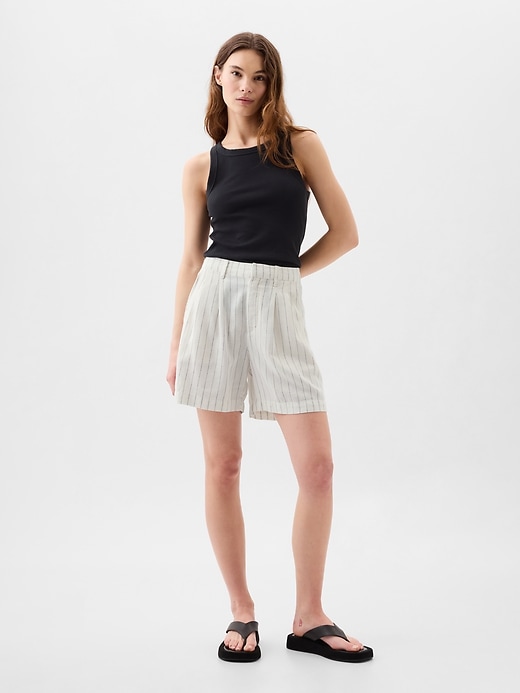 Image number 1 showing, 5" High Rise Linen-Blend Pleated Shorts