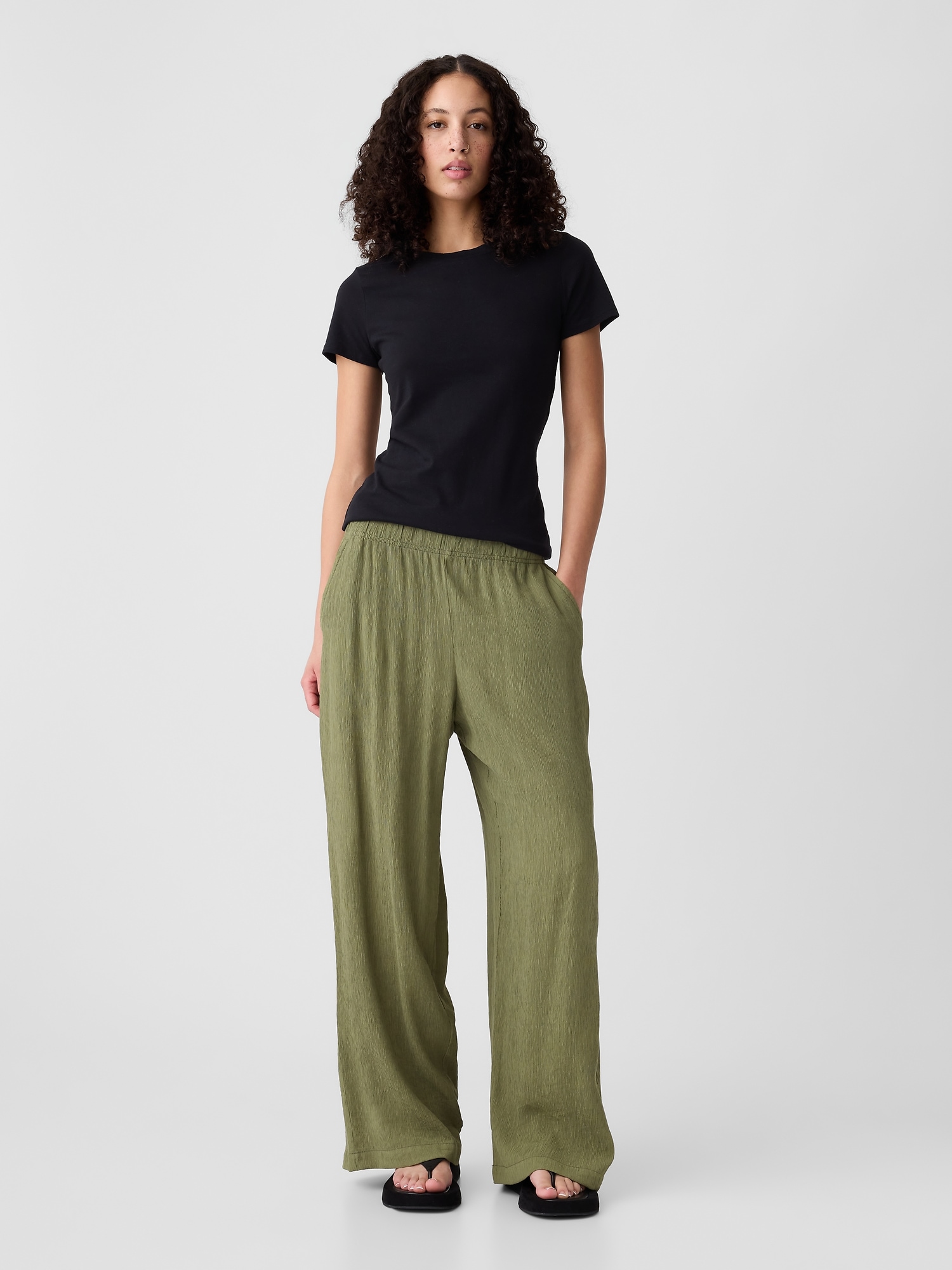 Crinkle Cotton Wide-Leg Pull-On Pants