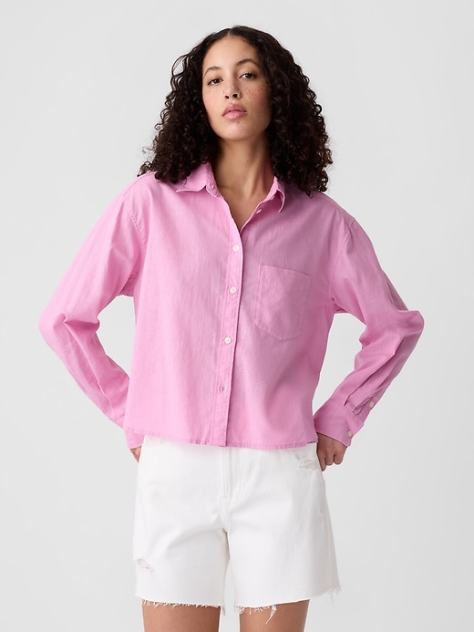 Image number 1 showing, Cropped Linen-Blend Shirt