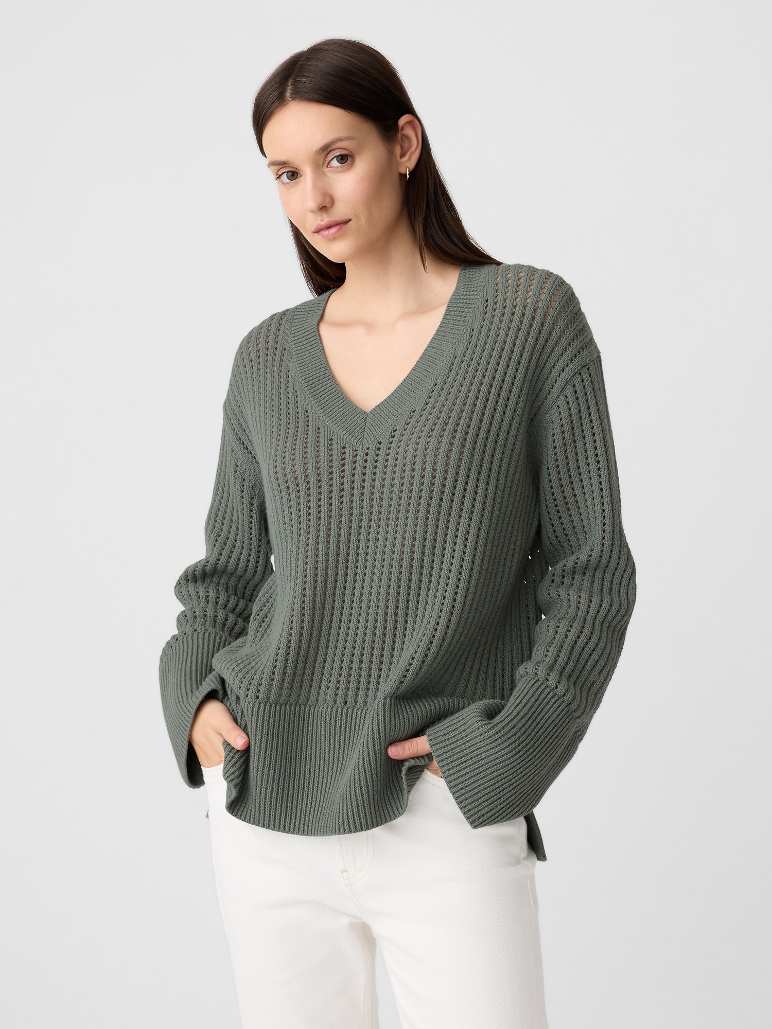 Relaxed Crochet V-Neck Sweater