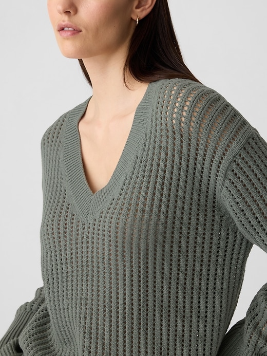 Image number 4 showing, Relaxed Crochet V-Neck Sweater