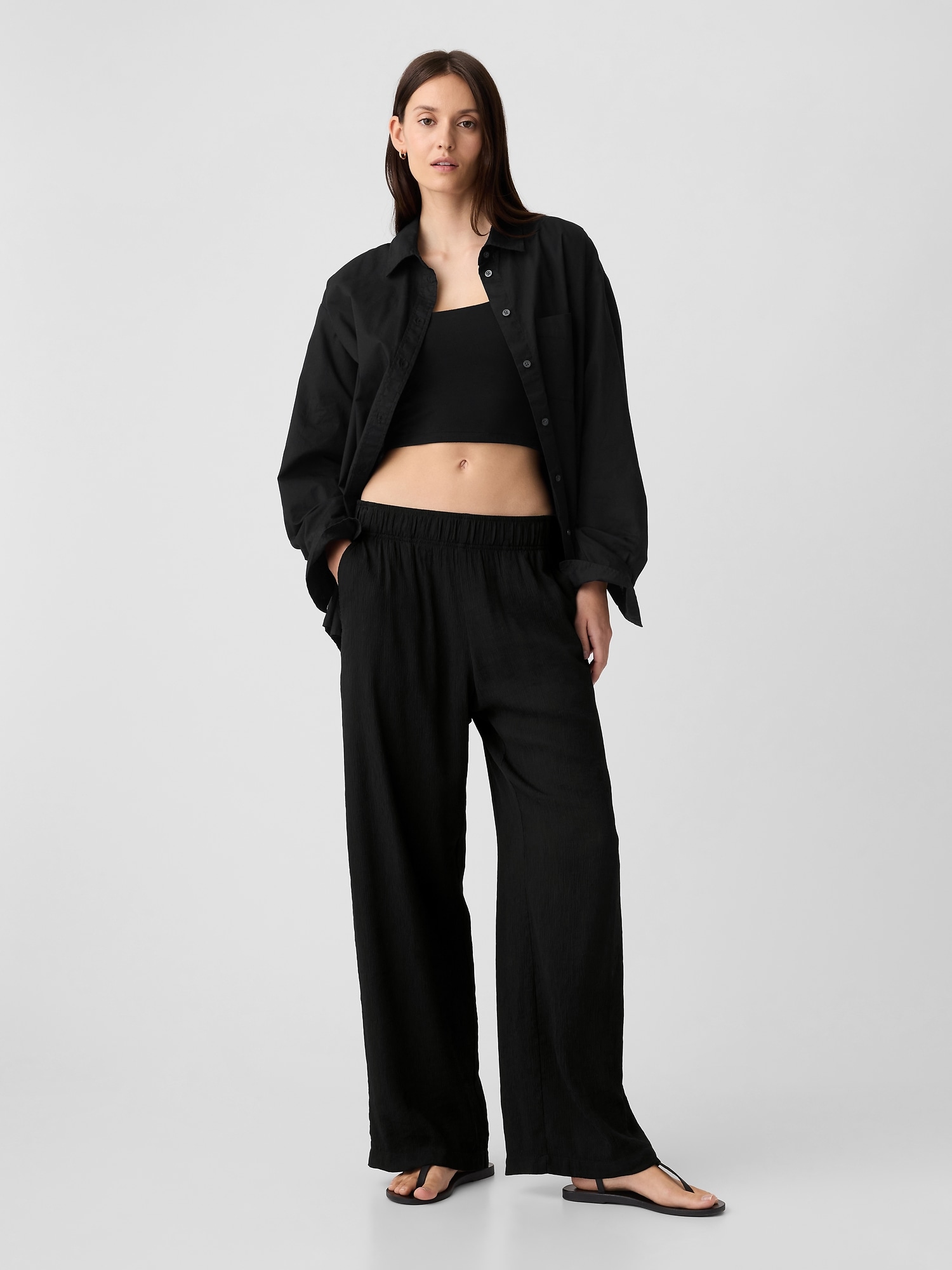 Crinkle Cotton Wide-Leg Pull-On Pants