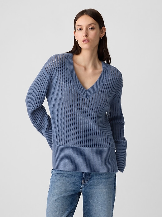 Image number 1 showing, Relaxed Crochet V-Neck Sweater