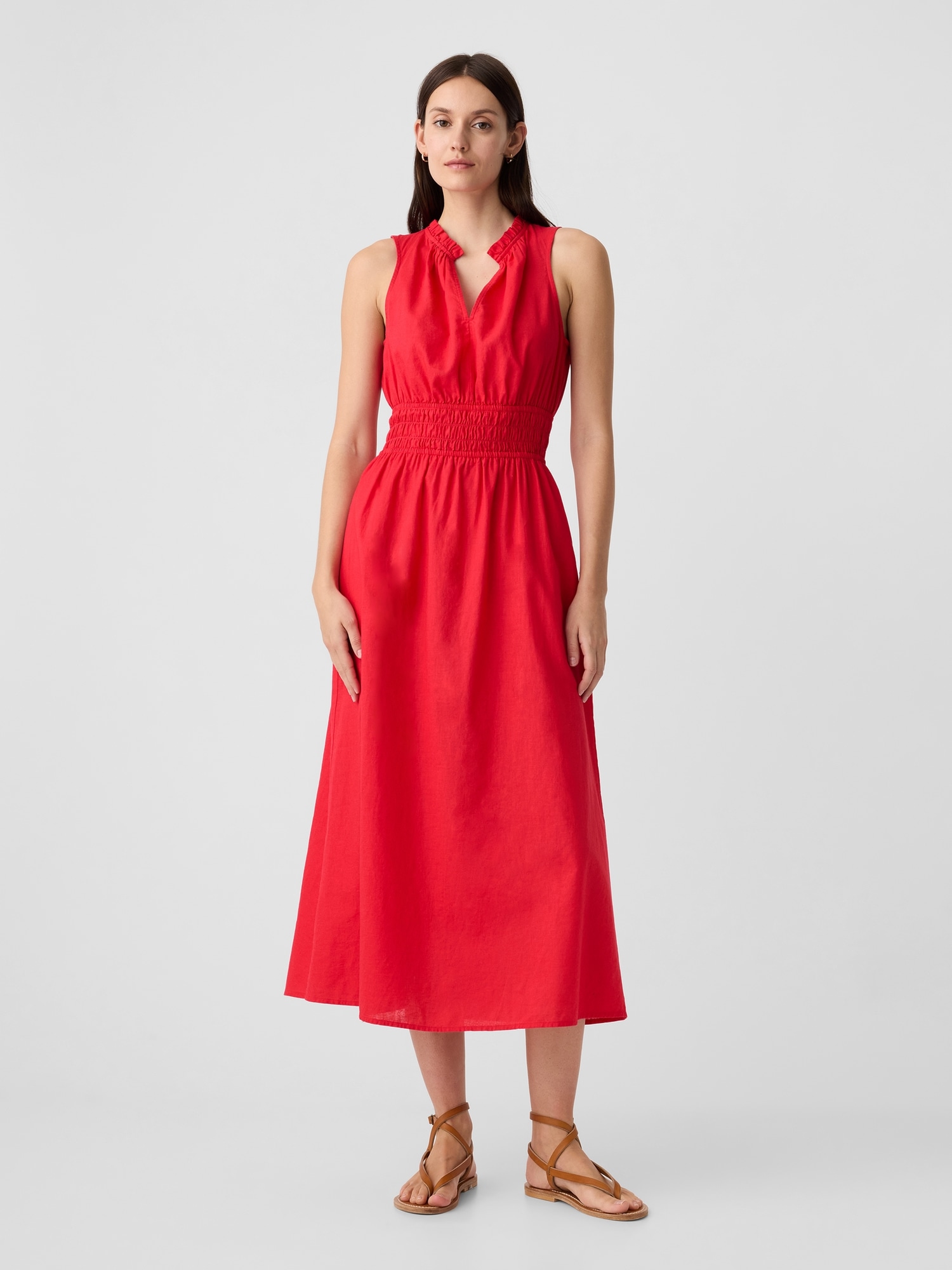 Linen-Blend Splitneck Maxi Dress