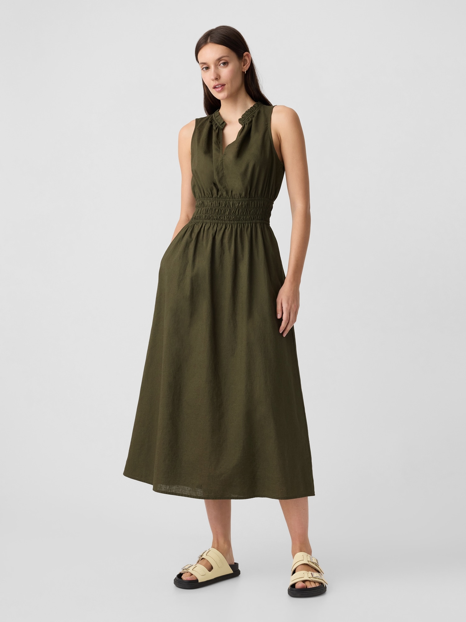 Linen-Blend Splitneck Maxi Dress