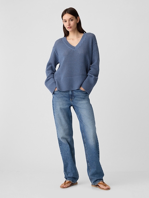 Image number 3 showing, Relaxed Crochet V-Neck Sweater