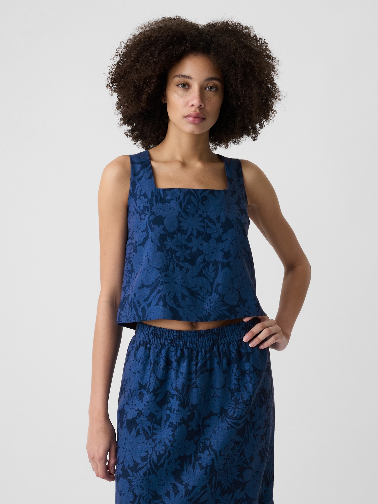 Cropped Linen-Blend Squareneck Tank Top