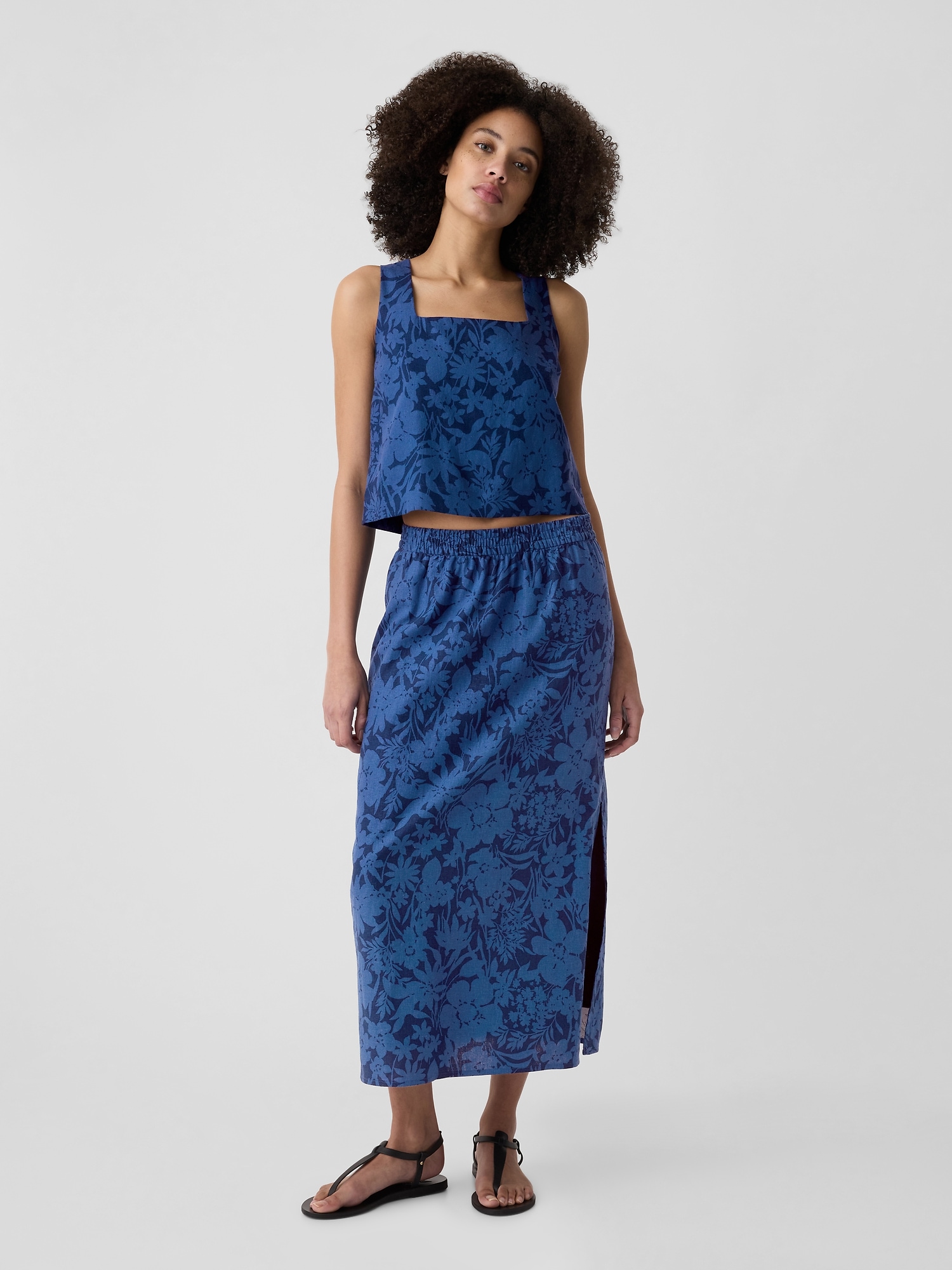 Linen-Blend Midi Slip Skirt