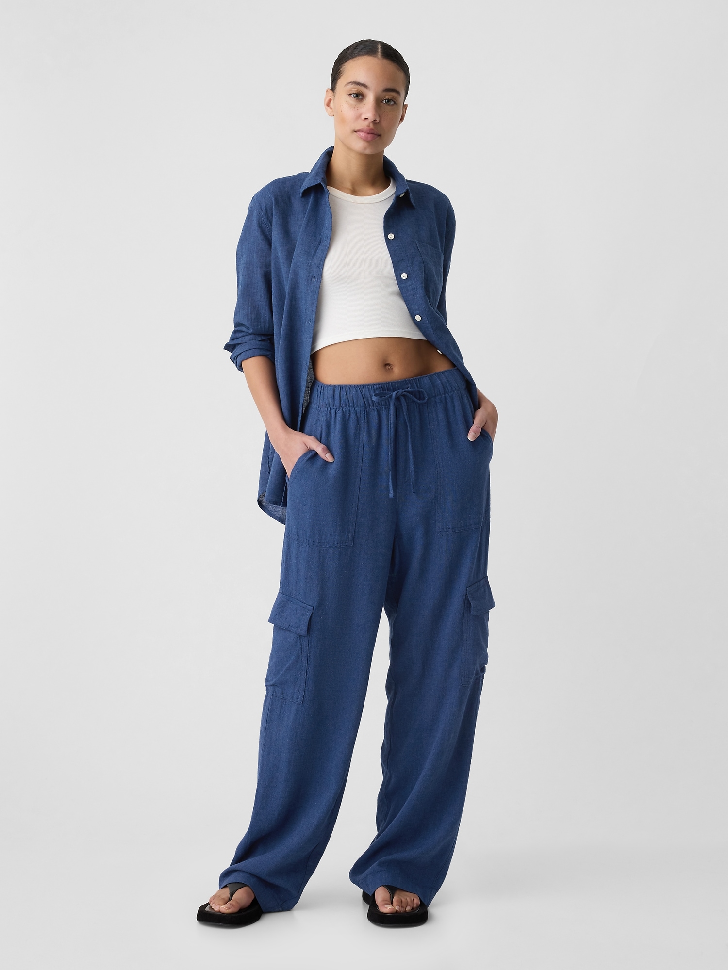 Linen-Blend Wide-Leg Cargo Pull-On Pants - Blue