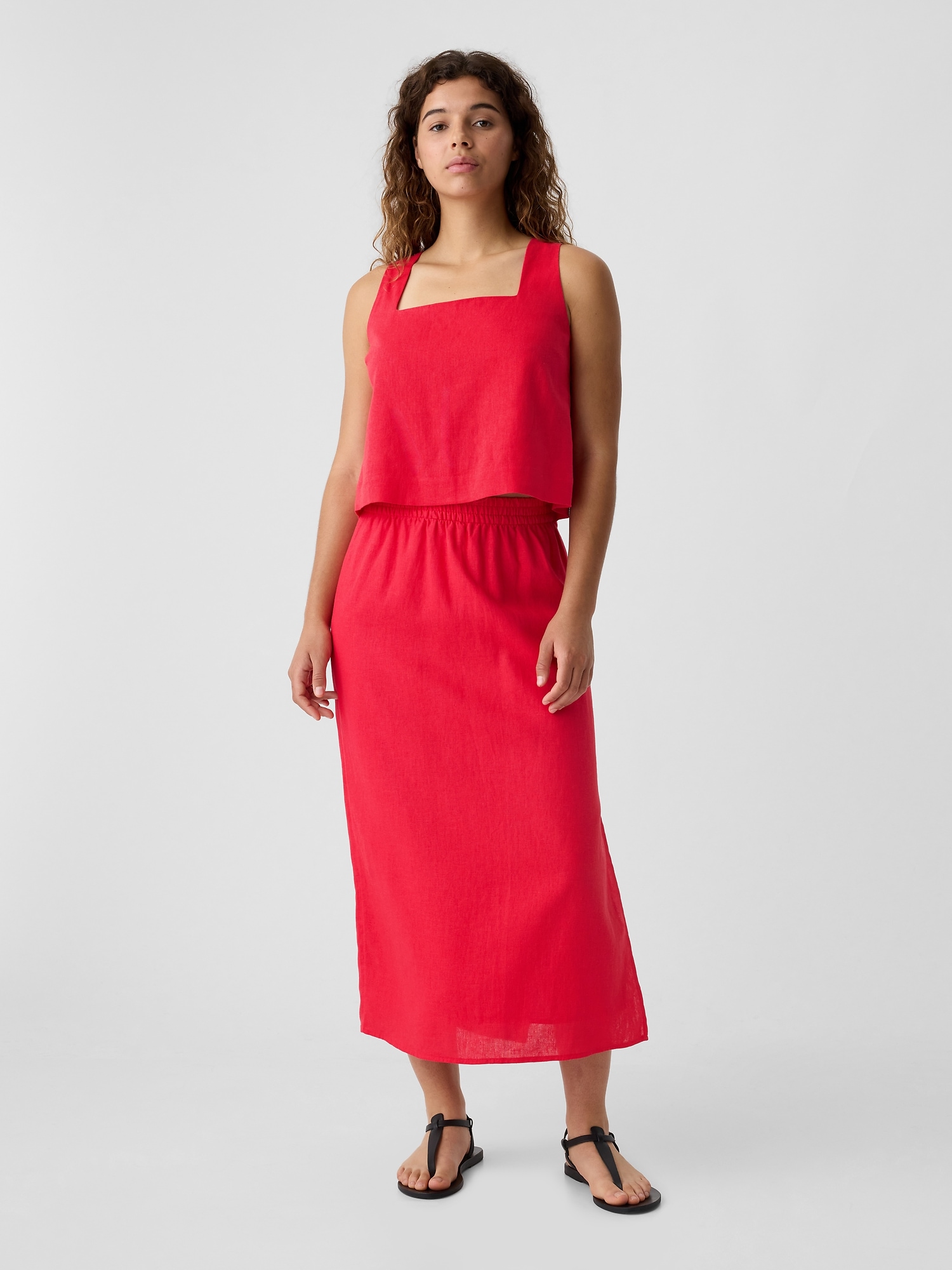 Linen-Blend Midi Slip Skirt