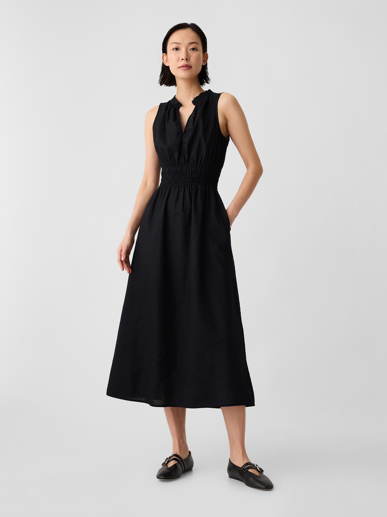 Linen-Blend Splitneck Maxi Dress