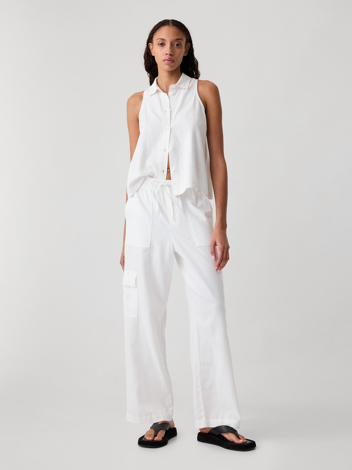 Linen-Blend Wide-Leg Cargo Pull-On Pants