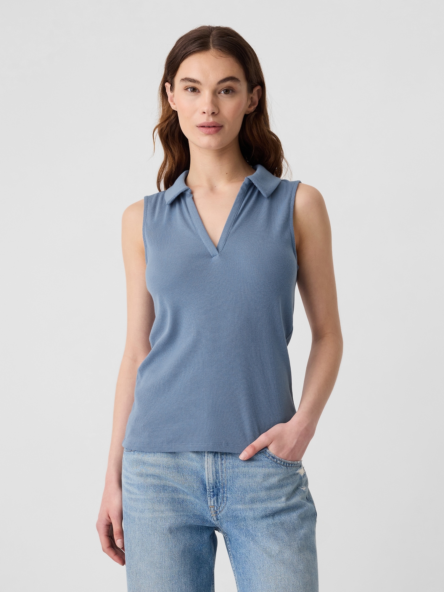 Ribbed Sleeveless Polo Shirt