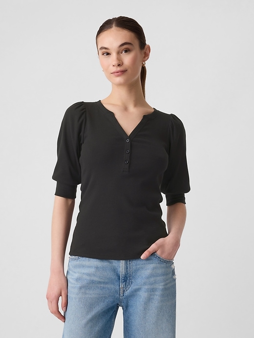 Image number 1 showing, Fitted Ribbed Henley Puff Sleeve Top