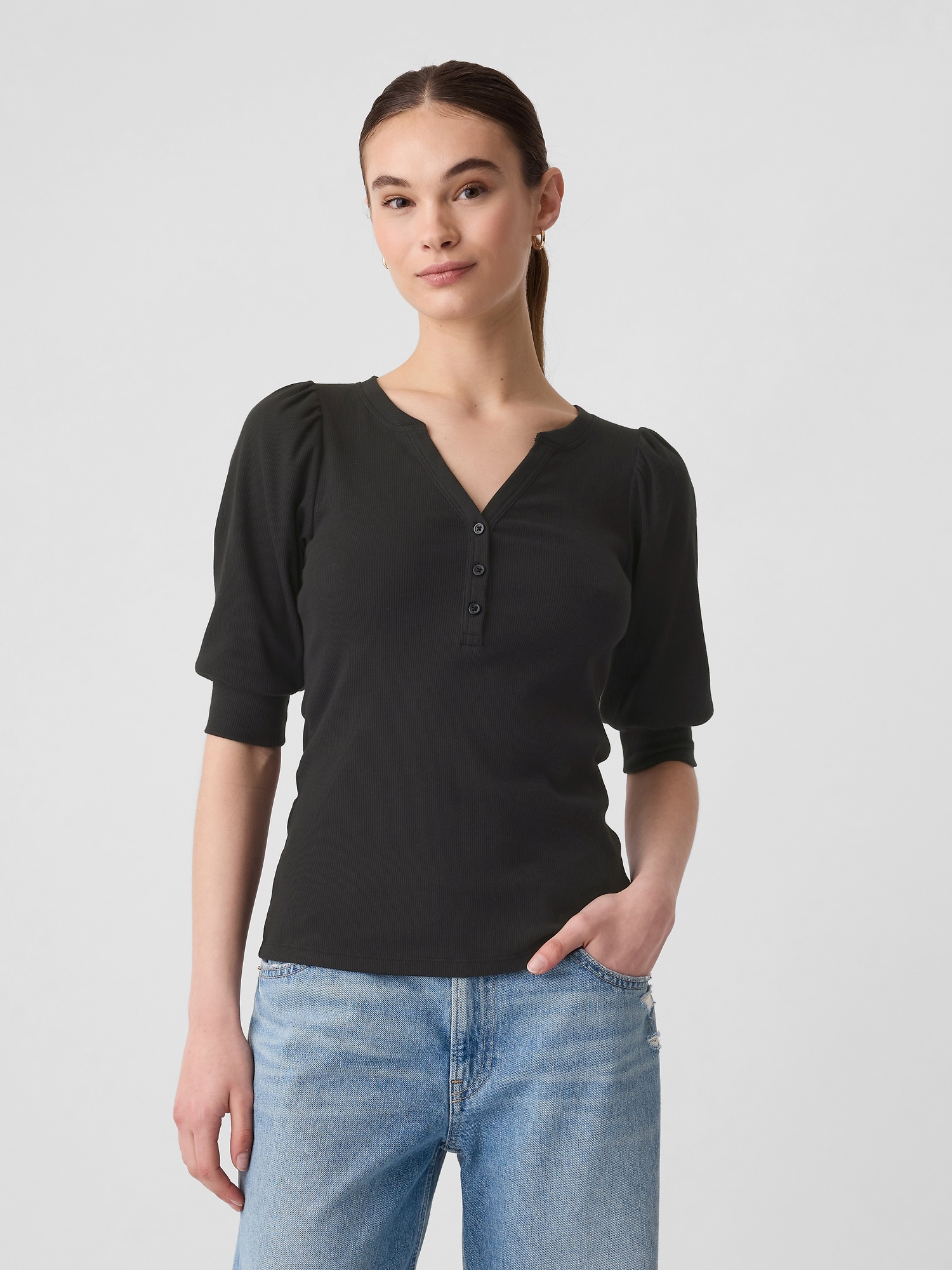 Fitted Ribbed Henley Puff Sleeve Top