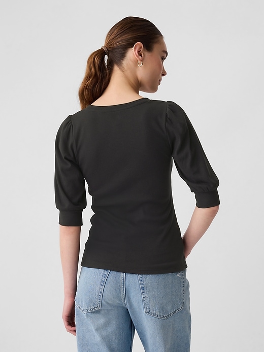 Image number 2 showing, Fitted Ribbed Henley Puff Sleeve Top