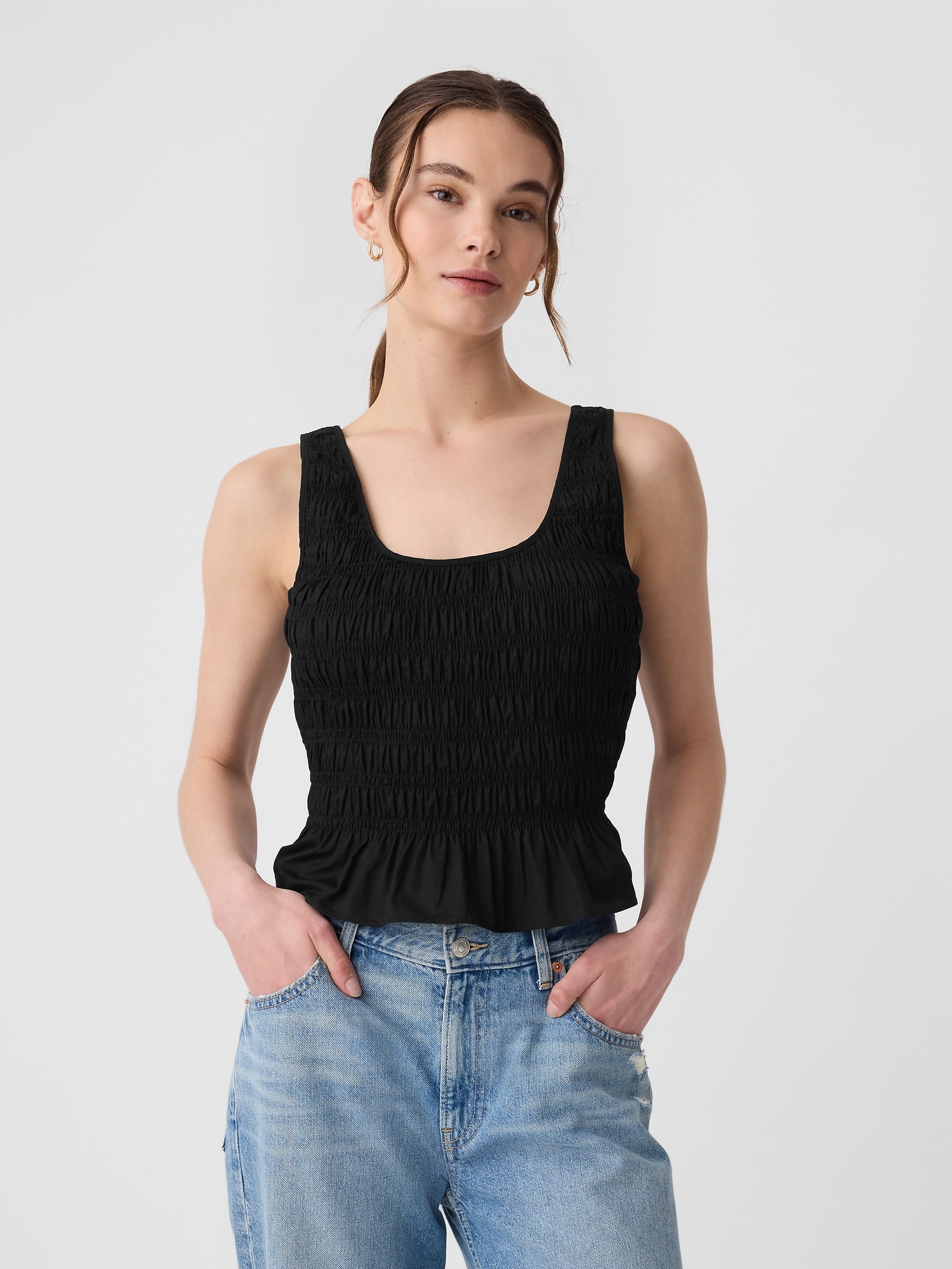 Dancing With Gravity Smocked Peplum Tank Top (Black)