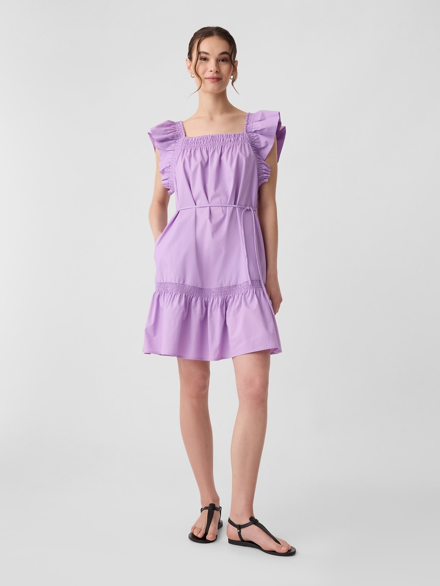 Squareneck Flutter Sleeve Mini Dress
