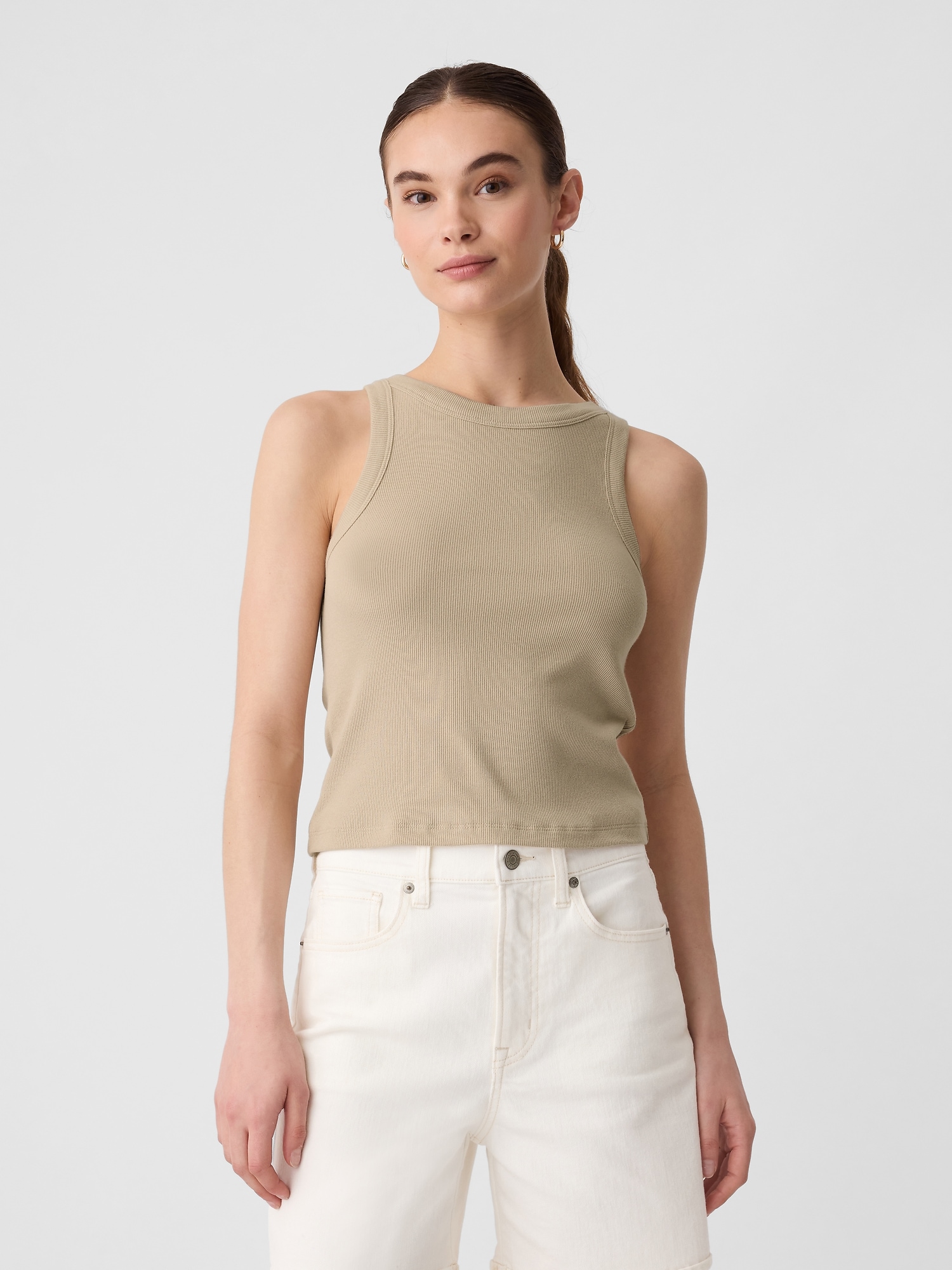 Cropped Ribbed High Neck Tank