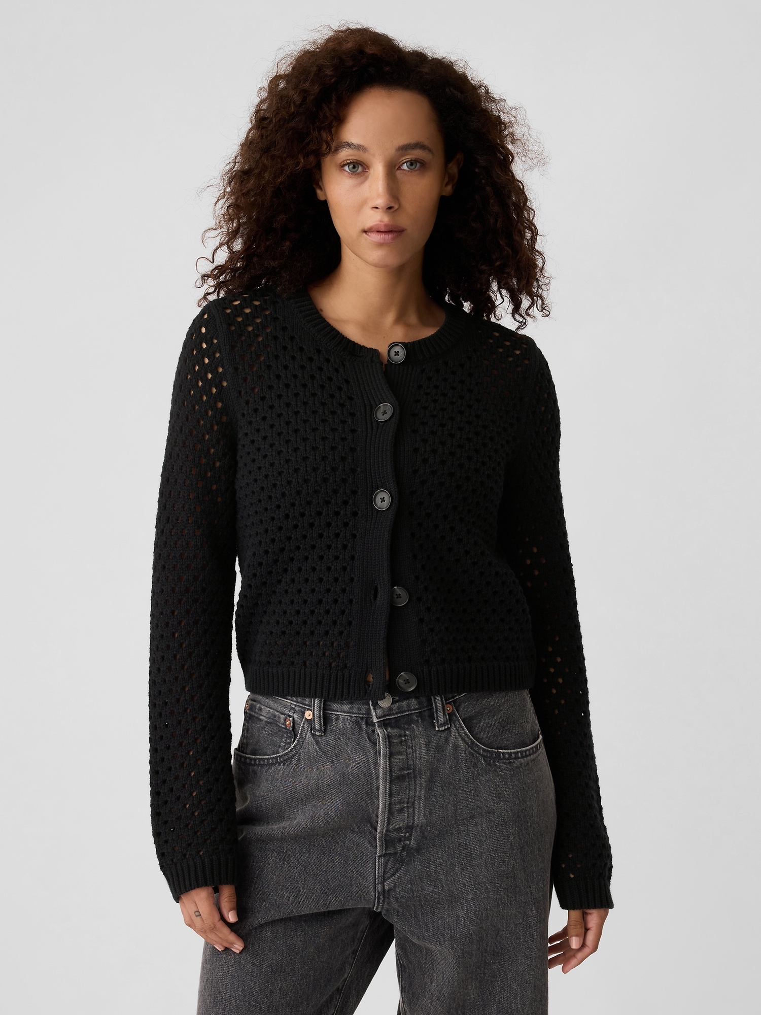 Open-Stitch Crewneck Cardigan