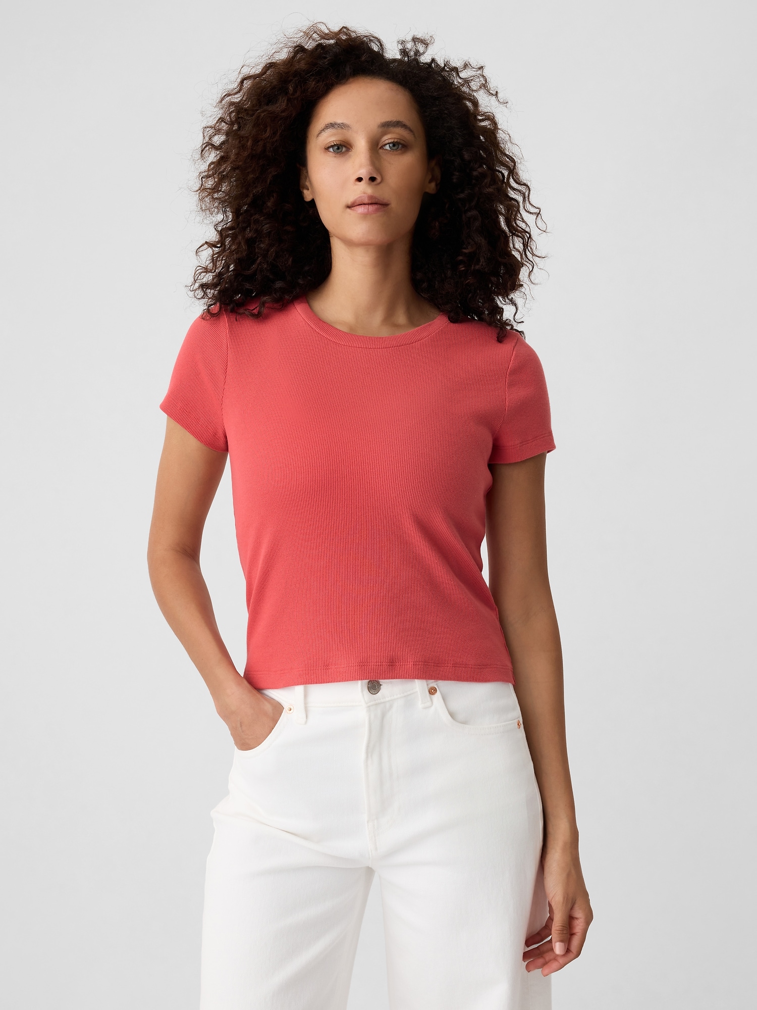 Cropped Fitted Ribbed T-Shirt