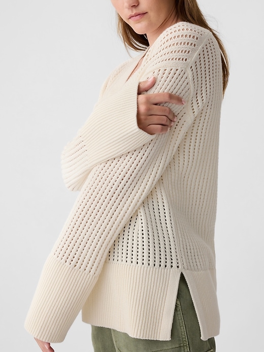 Image number 4 showing, Relaxed Crochet V-Neck Sweater
