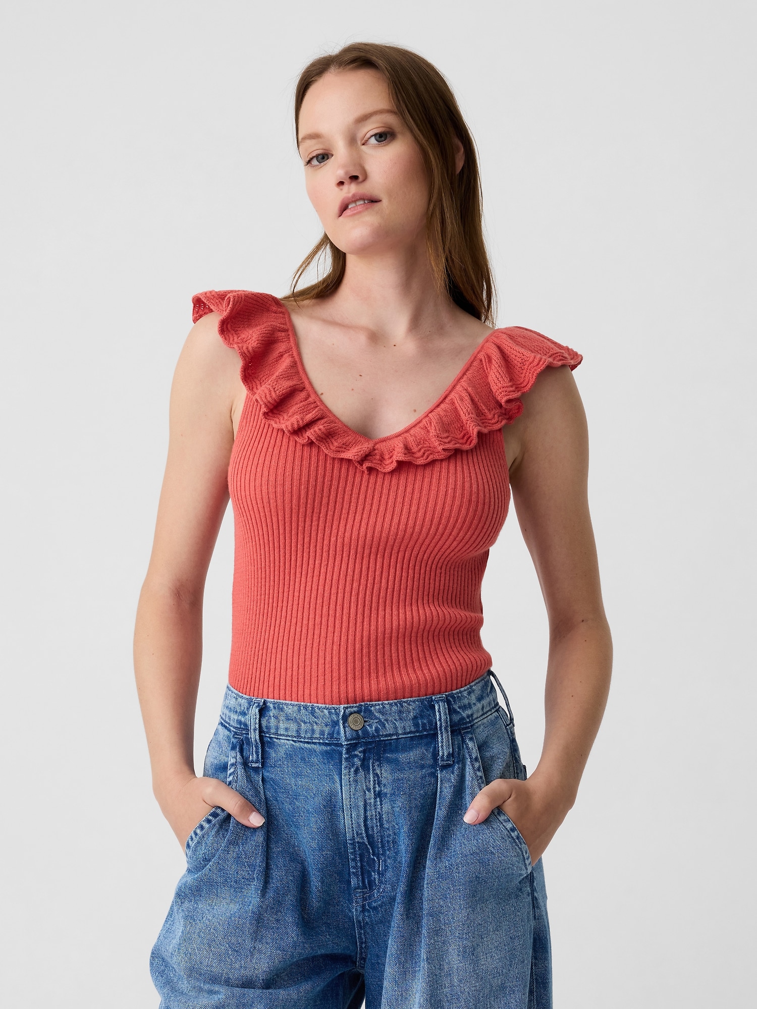 Fitted Ribbed Ruffle Tank Top