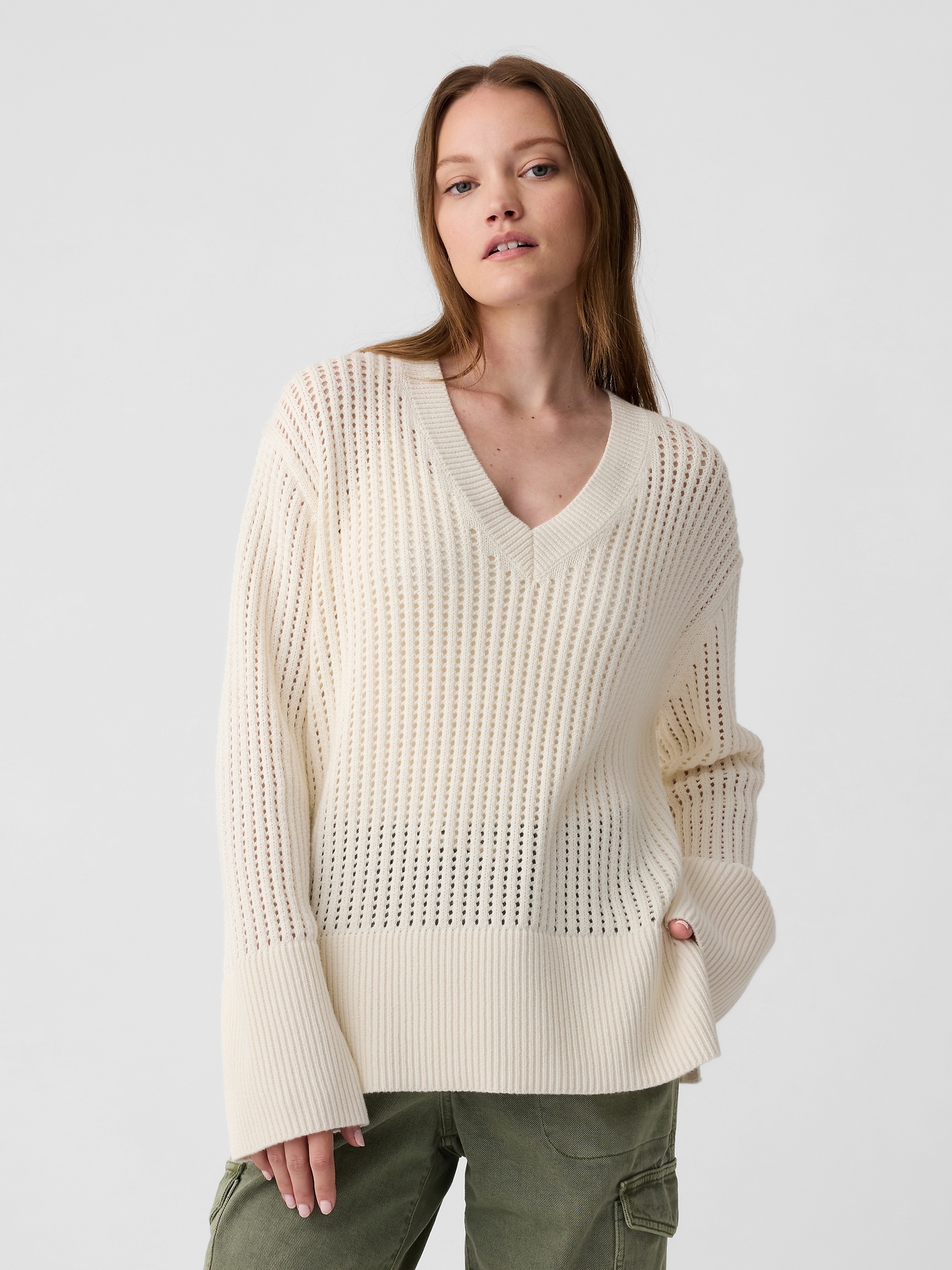 Relaxed Crochet V-Neck Sweater
