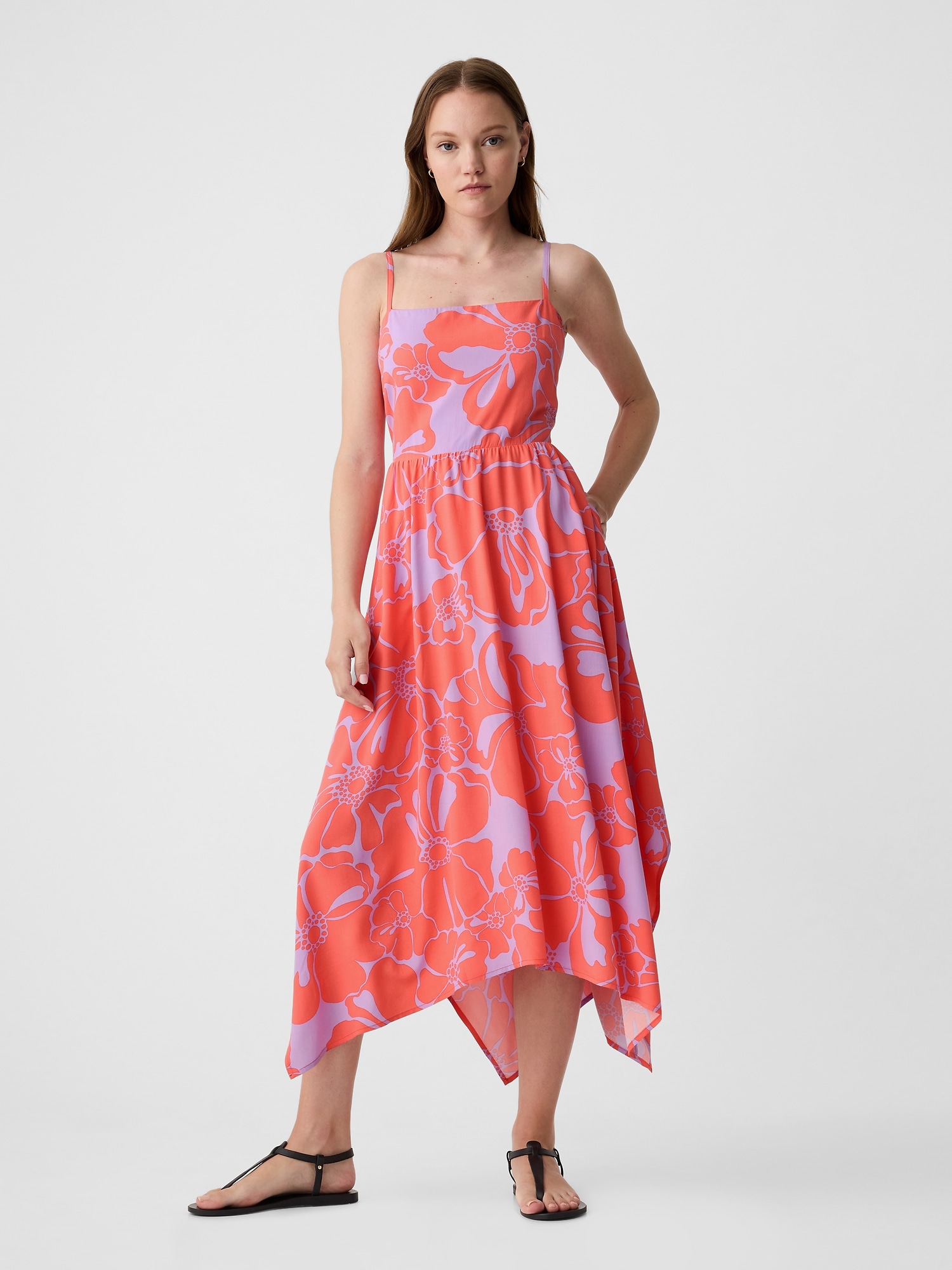 Squareneck Handkerchief Hem Midi Dress