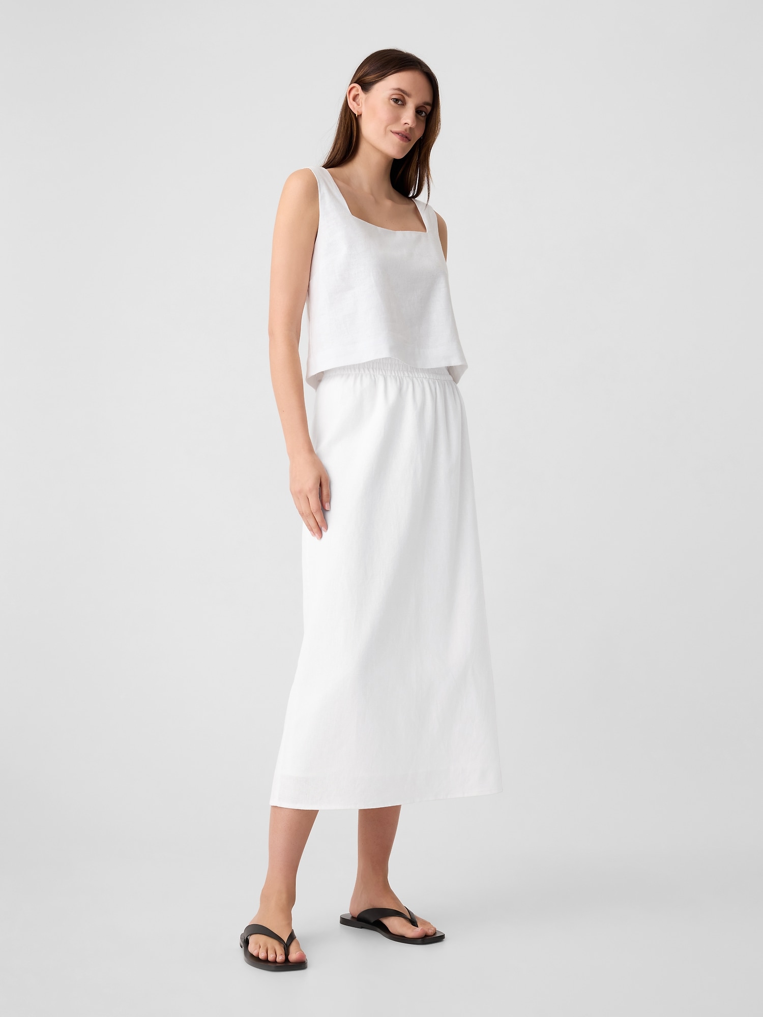 Linen-Blend Midi Slip Skirt