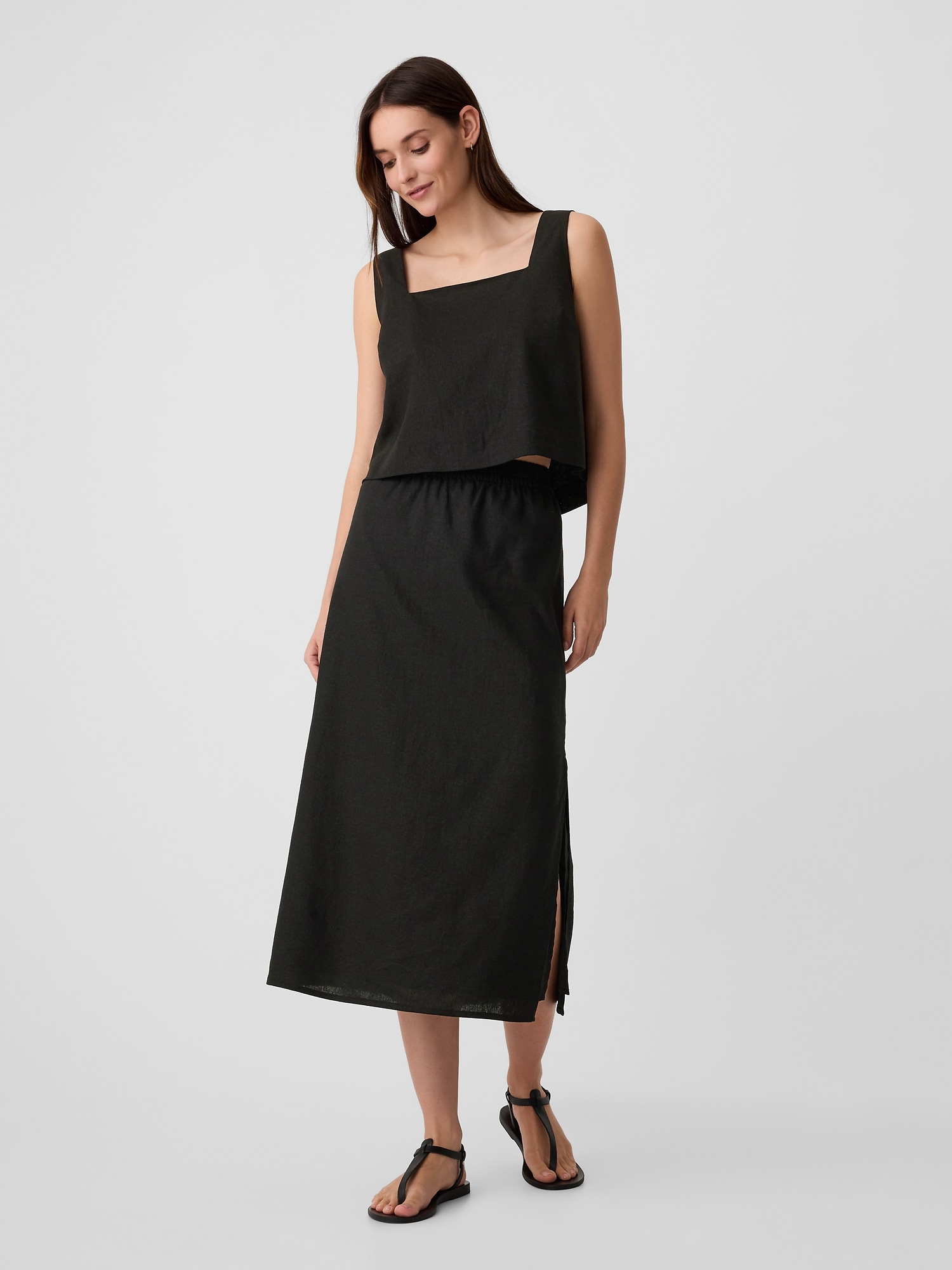 Linen-Blend Midi Slip Skirt