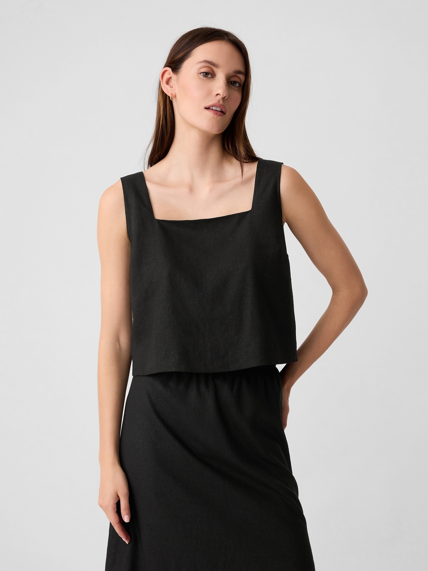 Cropped Linen-Blend Squareneck Tank Top