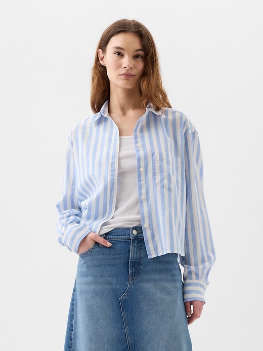 Image number 1 showing, Cropped Linen-Blend Shirt