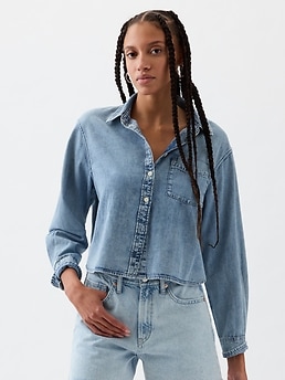 【X-girl】DENIM CROPPED SHIRT Women's Light Wash Oversized Cropped Denim Shirt | Bash