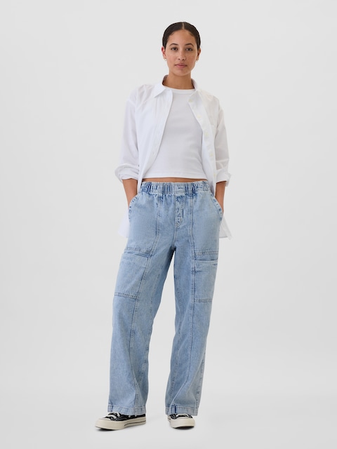 High Rise Wide-Leg Cargo Pull-On Jeans