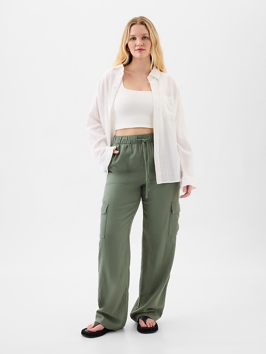 Image number 5 showing, Linen-Blend Wide-Leg Cargo Pull-On Pants