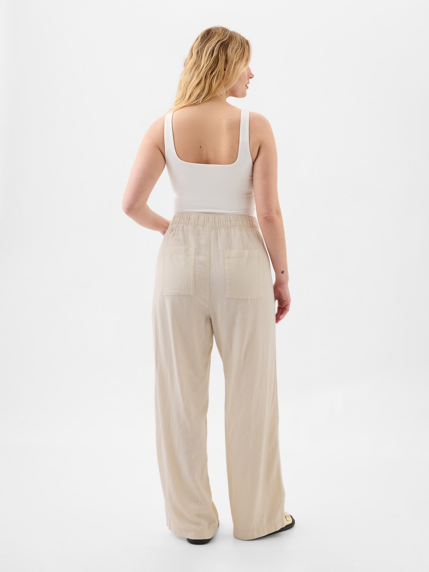 Gap Factory Women s Linen Blend Wide Leg Stripe Pull On Pants Khaki Stripe Size XL