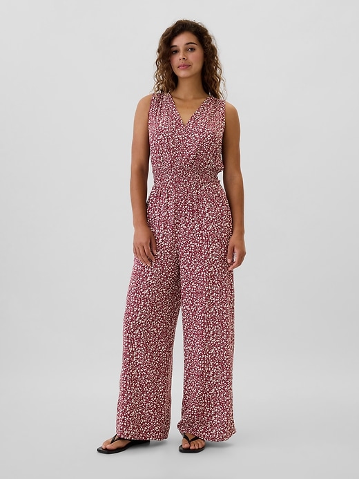 Image number 1 showing, Smocked Wide-Leg V-Neck Jumpsuit