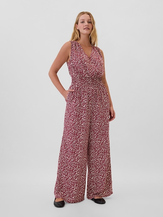 Image number 4 showing, Smocked Wide-Leg V-Neck Jumpsuit