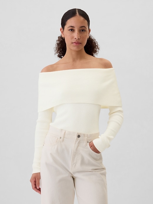 Image number 1 showing, CashSoft Ribbed Off-Shoulder Sweater Top