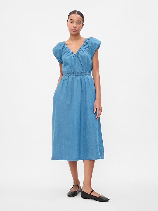 knee length dresses for ladies Blue Denim Button-Up Midi Dress