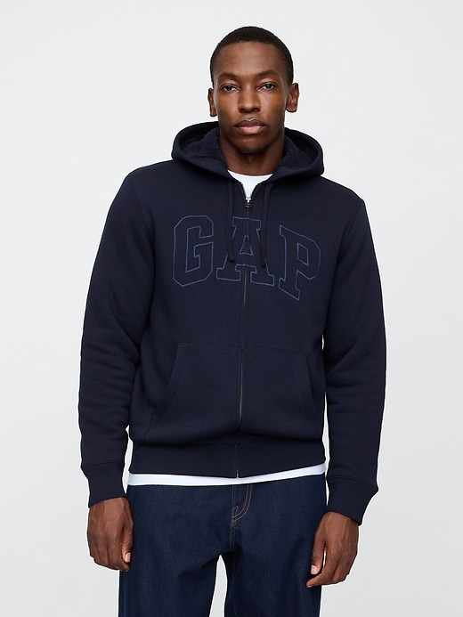 GAP zip hoodie navy × silver GAP Factory Men's Full Zip Fleece Logo Hoodie (Navy Heather