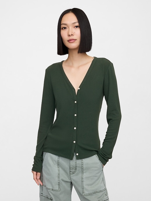 G CLASSIC RIB V-NECK CARDIGAN (WHITE) - GLOWNY