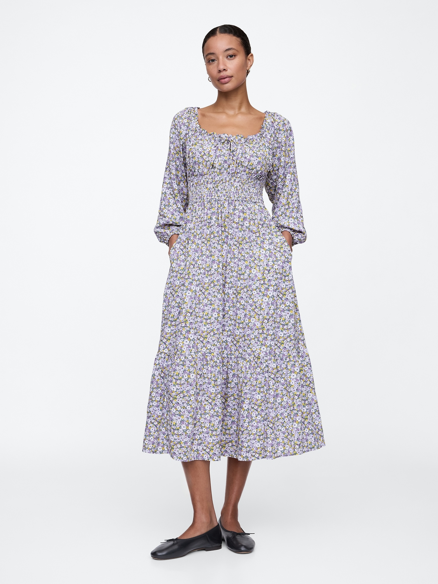 Smocked Squareneck Midi Dress