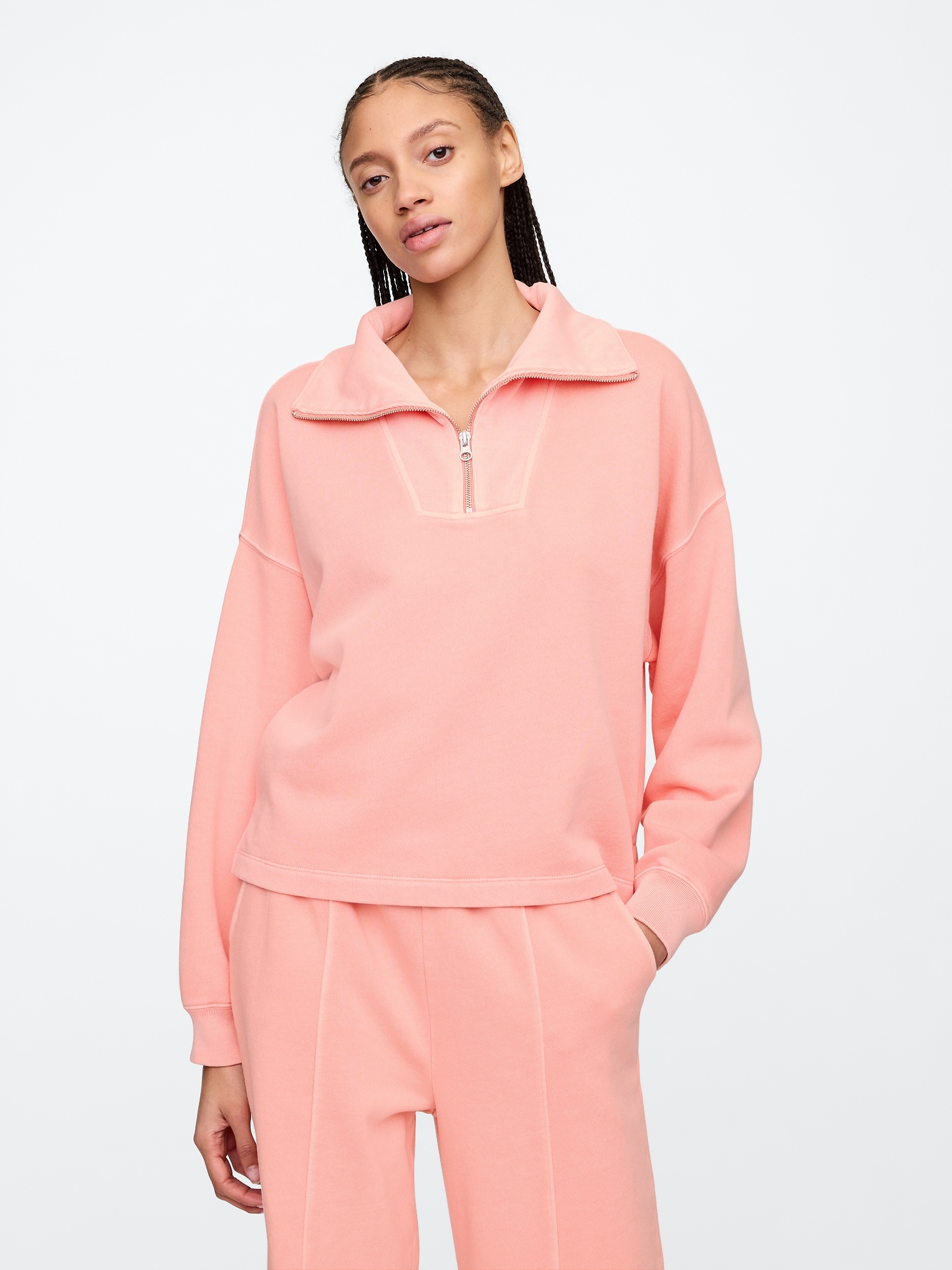 Oversized Quarter-Zip Sweatshirt - Pink