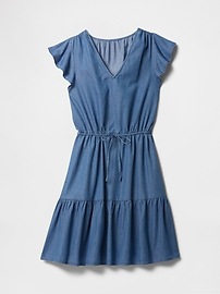 Denim Flutter Sleeve Tie-Waist Mini Dress