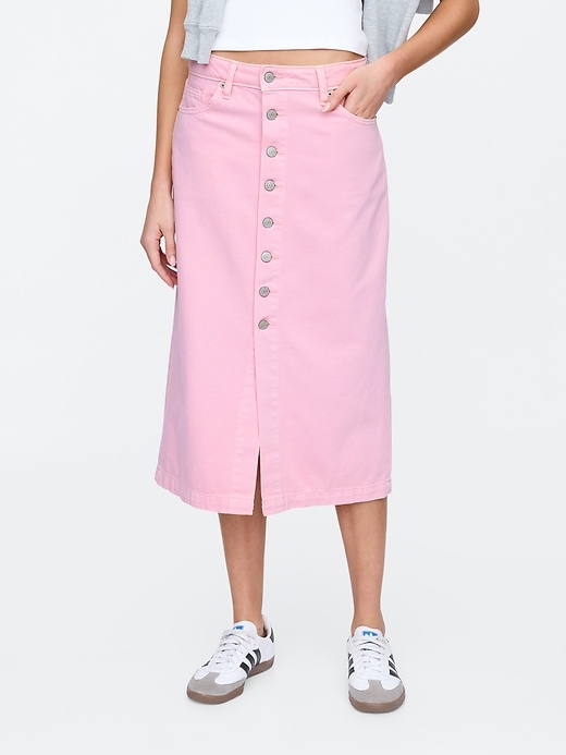 Image number 3 showing, SuperSoft Denim Button-Front Midi Skirt