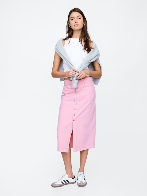 SuperSoft Denim Button-Front Midi Skirt