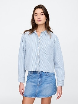 Striped Denim Shirt Men Retro Long Sleeve Patch Pockets